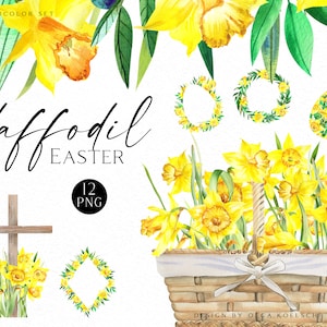 Aquarel narcissen clipart, geboortebloem maart, paasmand clipart, gele lentebloemen, Happy Easter Card diy 141