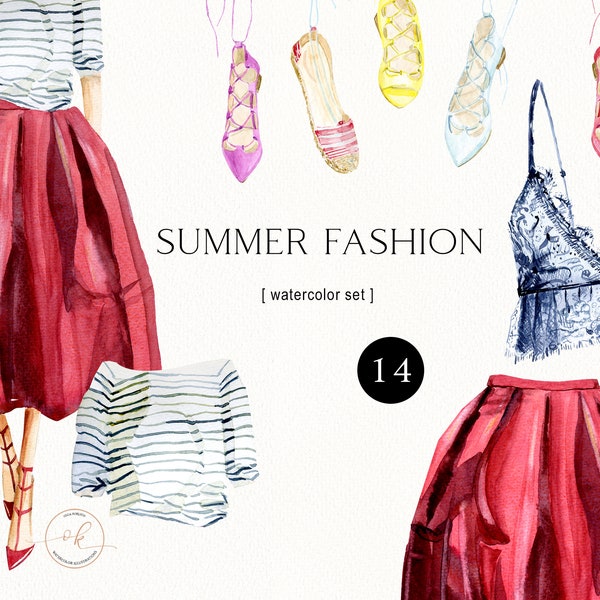 Watercolor Summer Fashion Clipart. Bridal Shower Clipart. Red skirt. Summer Dress, Lingerie Summer shoes clipart Beach Party