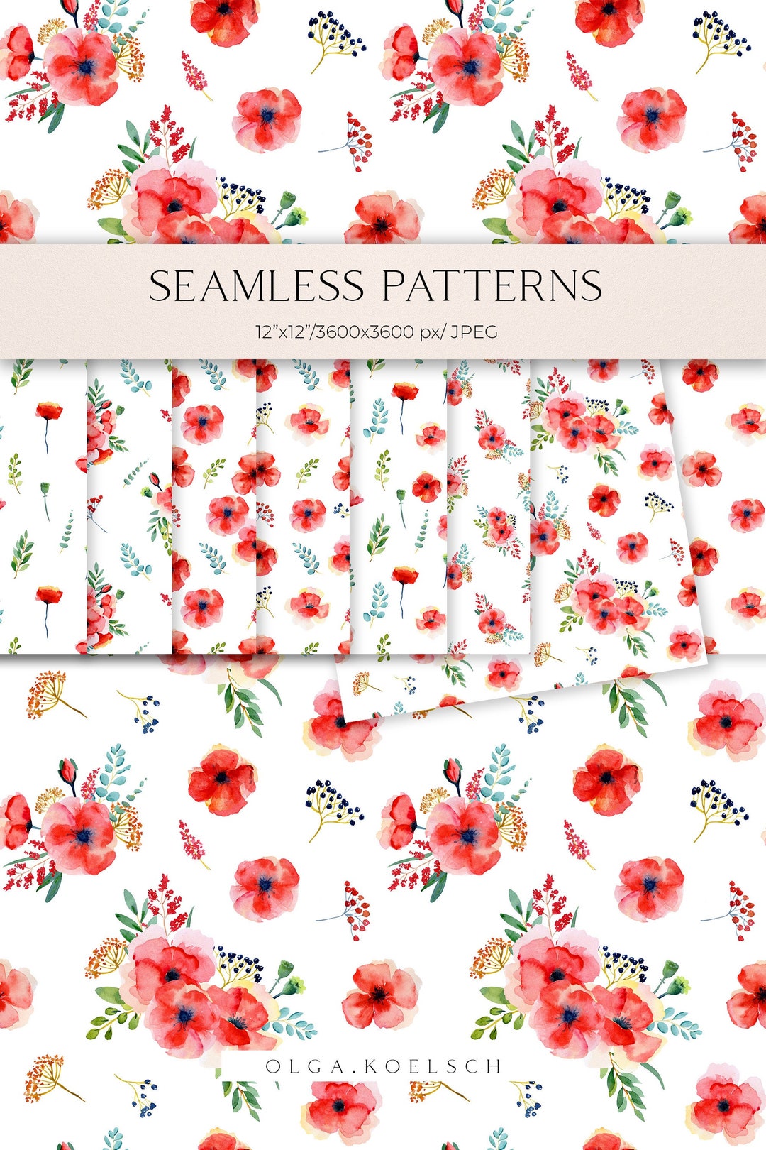 Boho Seamless Pattern for Fabric, Watercolor Flower Seamless Digital ...