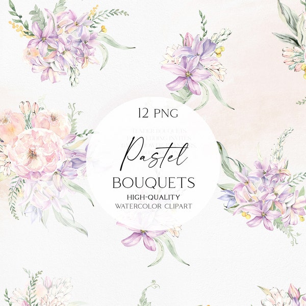 Watercolor pink flower clipart, Pastel bouquet png, Botanical clipart for wedding invitation, baby shower, logo 124