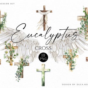 Aquarell Eukalyptus Holzkreuz Clipart, Religiöses Ostern Clipart, Taufe Kreuz, Erstkommunion Jungen Clipart