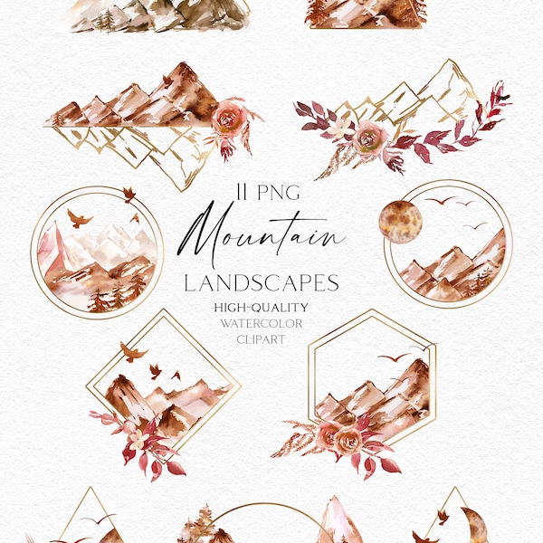 Watercolor mountains clipart, Woodland landscape png, Forest clipart for autumn baby shower, wedding 132