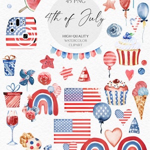May include: A set of 45 watercolor illustrations for the 4th of July. The illustrations include flags, fireworks, cupcakes, ice cream cones, balloons, stars, hearts, rainbows, and candy. The illustrations are in red, white, and blue.