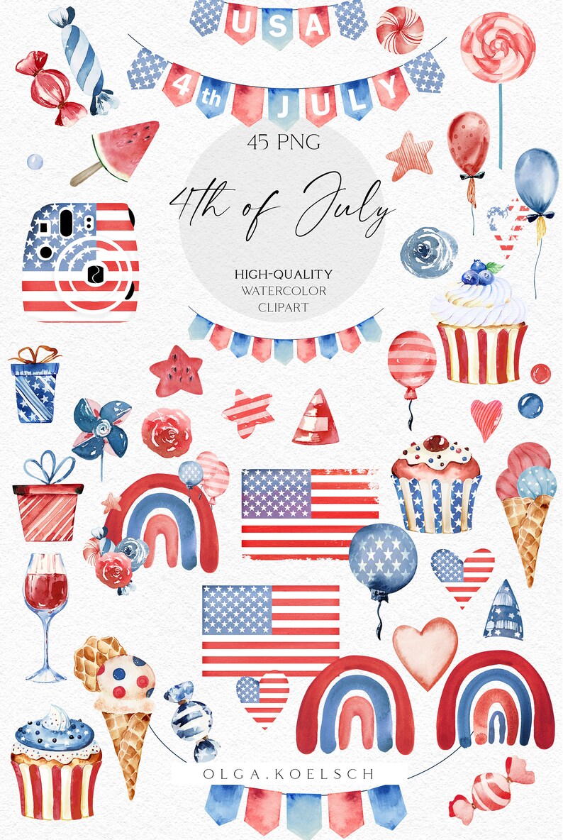 May include: A set of 45 watercolor illustrations for the 4th of July. The illustrations include flags, fireworks, cupcakes, ice cream cones, balloons, stars, hearts, rainbows, and candy. The illustrations are in red, white, and blue.