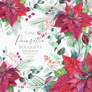 Clipart de buquê de poinsétia vermelha em aquarela, clipart floral de Natal vermelho para scrapbooking digital, guirlanda de Natal png 135
