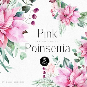 Watercolor Pink poinsettia and eucalyptus clipart, Pink Christmas decoration for digital scrapbooking, Christmas wreath and pink florals 075