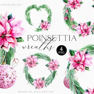 Christmas wreath clipart, Watercolor pink flower poinsettia digital clipart, Winter holiday clipart for greeting cards 075