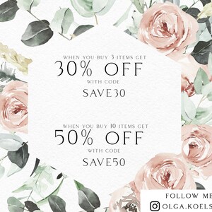 May include: A floral graphic with a hexagon shape in the center. The text inside the hexagon reads "WHEN YOU BUY 3 ITEMS GET 30% OFF WITH CODE SAVE30" and "WHEN YOU BUY 10 ITEMS GET 50% OFF WITH CODE SAVE50". The text below the hexagon reads "FOLLOW ME OLGA.KOELSCH".