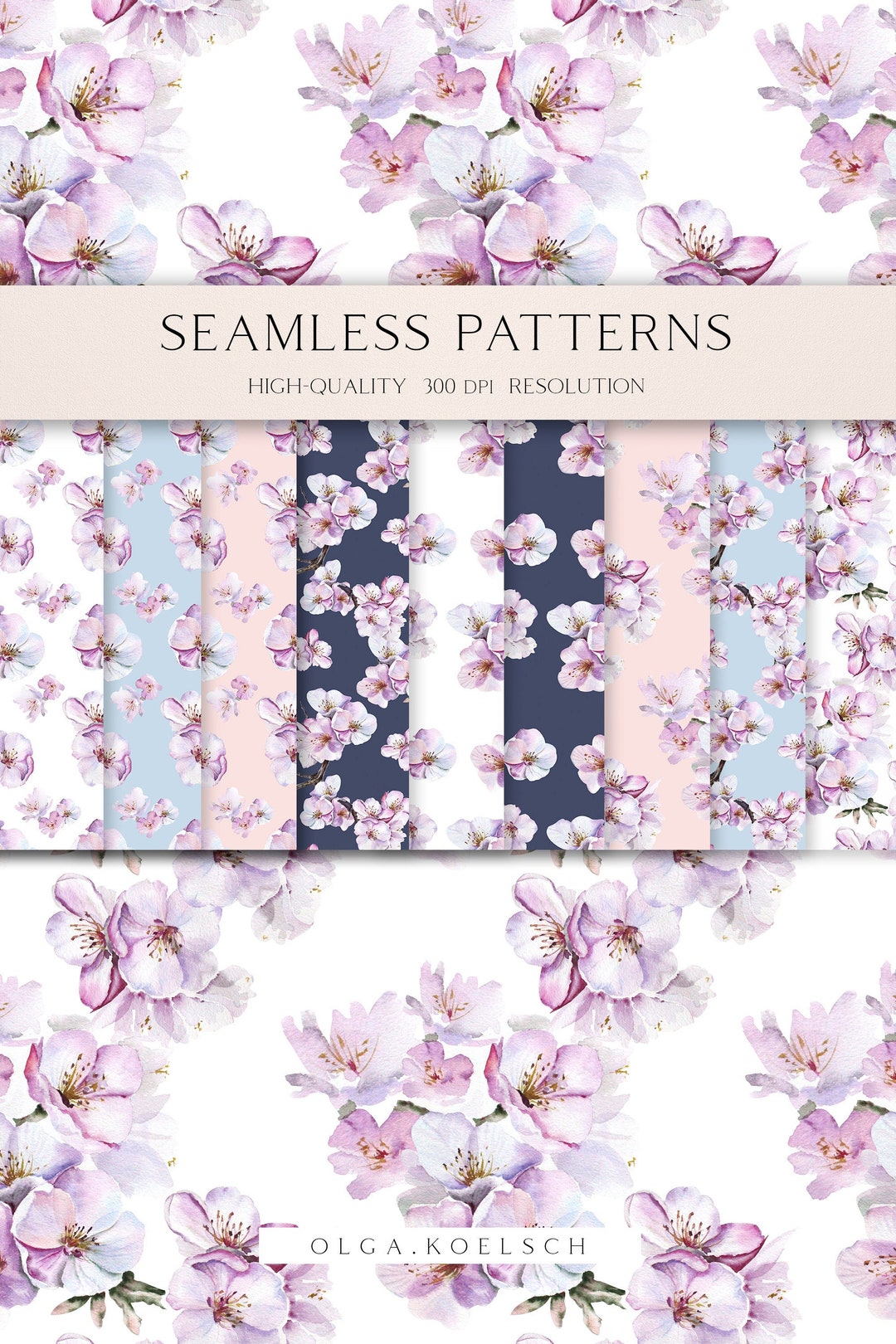 Boho Pink Seamless Pattern for Fabric, Watercolor Cherry Blossom Flower ...