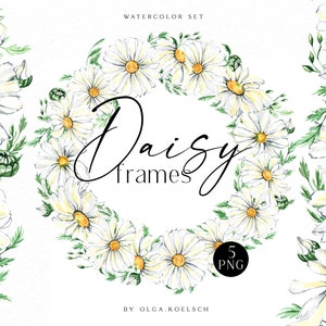 Watercolor daisy clipart, Boho floral wreath png, Daisy logo png, white floral borders clipart 042