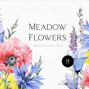 Aquarelle prairie de fleurs sauvages clipart. Fleurs sauvages bleues peintes à la main PNG. Faire-part de mariage clipart fleurs d'été DIY 047