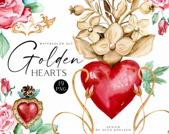 Clipart de corazones dorados en acuarela, Sagrado Corazón, gemas (PNG)