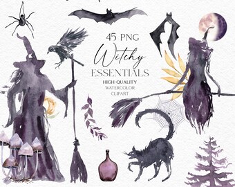 Halloween witch clipart, Black cat png, Printable bundle Halloween graphics invitations with spider, bat 131