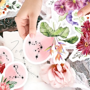 May include: A set of watercolor stickers featuring zodiac constellations, flowers, and tropical plants. The stickers are on a pink background with a white border.