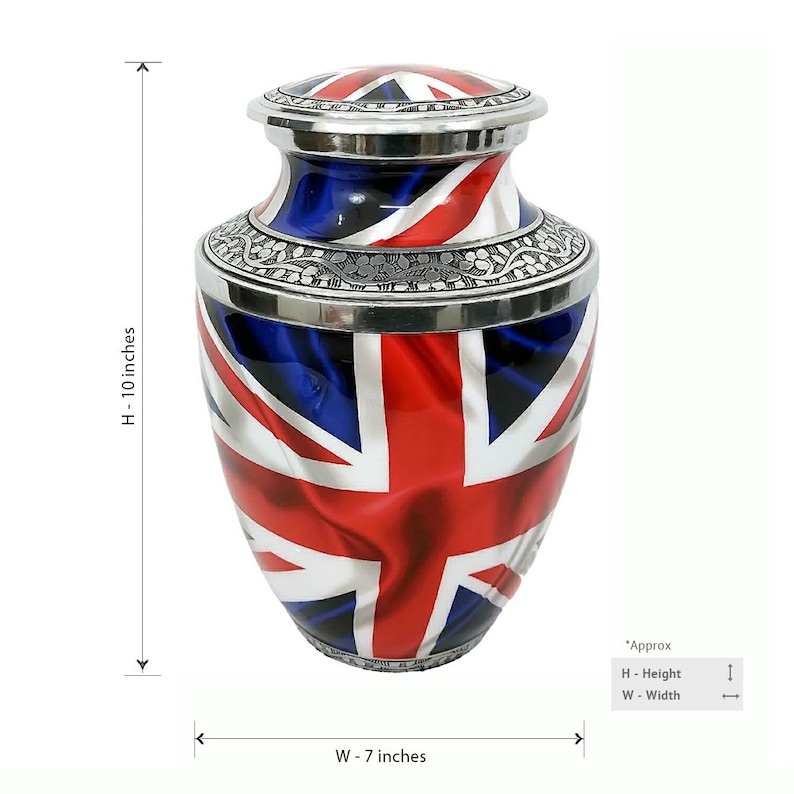 May include: A silver urn with a Union Jack flag design. The urn is 10 inches tall and 7 inches wide.