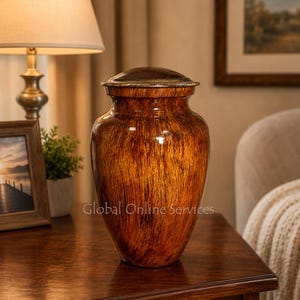 May include: A decorative urn featuring a rich, warm brown finish with a vertical wood-grain pattern. The vessel has a rounded body that tapers toward the base and is topped with a smooth, dark brown lid that has a metallic gold-toned rim.