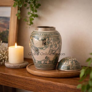 May include: A set of three ceramic mugs with a speckled, cream-coloured glaze. Each mug features a different hand-painted floral design in shades of blue, green, and yellow. The mugs have a simple, modern shape.