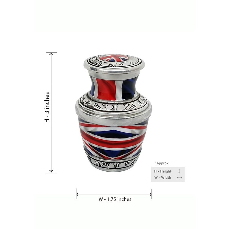 May include: Silver cremation urn with a Union Jack design. The urn is 3 inches tall and 1.75 inches wide.