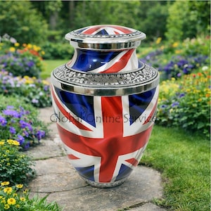 UK Flag Design Aluminium Decorative Urn For Human Ashes. Large ( 10 Inches )