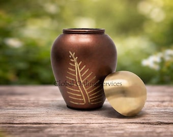 Small Bronze Leaf Imprint Brass Made Keepsake Urn For Ashes