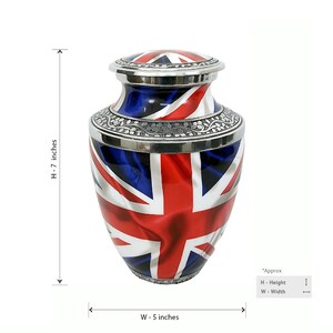 May include: A silver urn with a Union Jack flag design. The urn is 7 inches tall and 5 inches wide.
