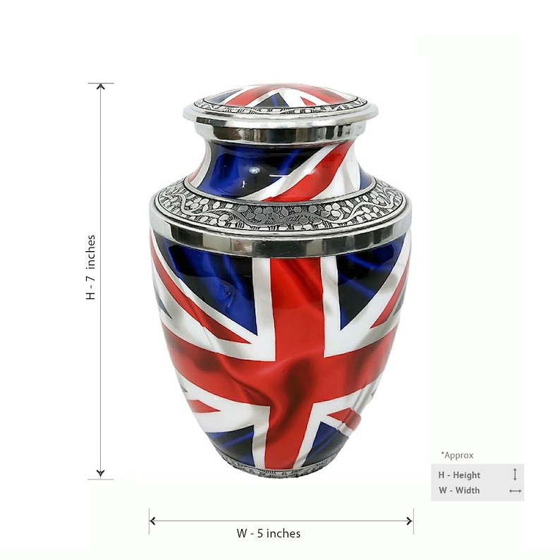 May include: A silver urn with a Union Jack flag design. The urn is 7 inches tall and 5 inches wide.