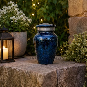 May include: A blue urn with a textured finish and a silver-colored lid. The urn is outdoors, sitting on a stone surface, with a lit candle lantern and plants in the background. The text "Global Cremation Services" is visible.