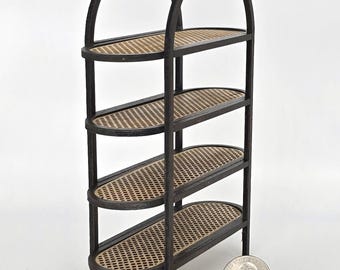 4 Shelf Arched bookcase with oval faux rattan shelves - Miniature Display Shelf - 1:12 scale etagere display