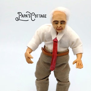 Hand crafted sweet old happy man, grandfather miniature doll.