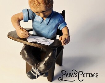 OOAK Handmade Polymer Clay Dollhouse Doll: Boy at School Desk