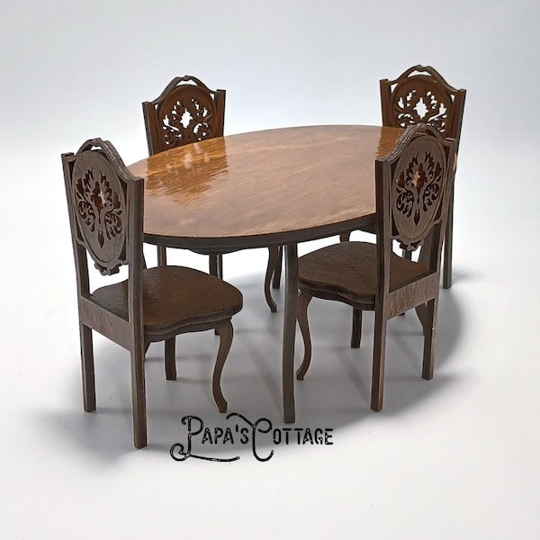 Queen Anne style Table and Straightback chair set - Miniature formal dining set - 1:12 scale Dining Furniture, Kitchen furniture