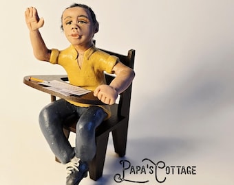 OOAK Handmade Polymer Clay Dollhouse Doll: Boy at School Desk