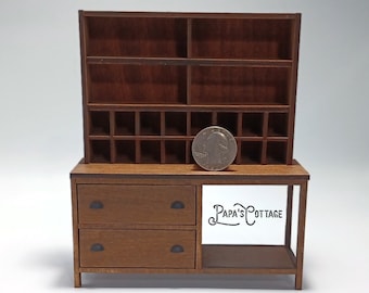 Mid-Century modern bookshelf with mail sorter and 2 drawers - MCM Shelf Cabinet - Miniature - 1:12 scale Mid-Century Modern Furniture