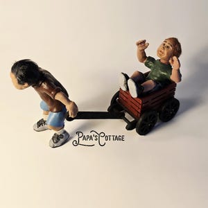 Two boys with wagon - miniature figures - Modern doll for modern dollhouse, handmade  for 1/12 scale dollhouse
