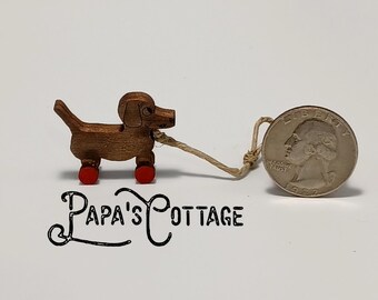 Handmade Miniature pull along dog in custom colors - Miniature toys - 1:12 scale children's toys