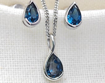 London Blue Topaz Set Sterling Silver Pendant Stud Earrings Infinity Loop