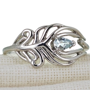 Sterling Silver Aquamarine Ring, Adjustable size I-T, Peacock Feather