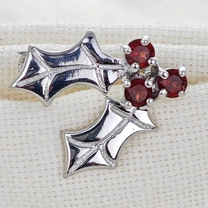 Holly Garnet Brooch Sterling Silver Small Natural Red Stones Christmas Gift, Unique Mother's Day Gift