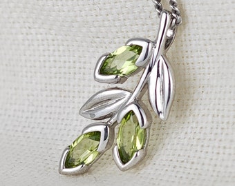 Peridot Necklace, Sterling Silver, Olive Leaves