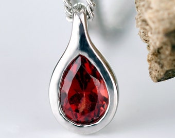 Garnet Red Necklace, Pear Rub Over Pendant, Sterling Silver, January Birthstone