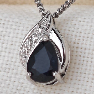 Sterling Silver Sapphire Necklace, 0.75ct Ink Blue Sapphire Diamond Pear Pendant, September Birthstone