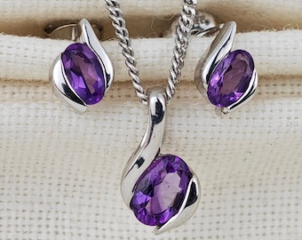 Sterling Silver Amethyst Necklace Earring Set - February Birthstone