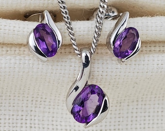 Amethyst Necklace Earring Set, Purple Amethyst pendant, Amethyst Stud Earrings, Sterling Silver, February Birthstone