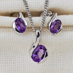Amethyst Necklace Earring Set, Purple Amethyst pendant, Amethyst Stud Earrings, Sterling Silver, February Birthstone
