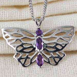 Amethyst Butterfly Necklace, 0.24ct Butterfly Pendant, Purple Natural Stones, Sterling Silver 925, 18" Chain, February Birthstone,