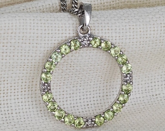 Peridot Necklace, Diamond 1ct Green Circle Pendant, Sterling Silver, 18 inch chain, August Birthstone