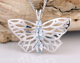 Blue Topaz Butterfly Necklace, 0.18ct Blue Topaz Pendant, Sterling Silver 925, Natural Stones , December Birthstone