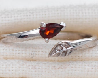 Sterling Silver Garnet Ring, Size I-T Adjustable, Red Gemstone, Leaf Detail , January Birthday