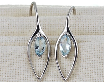 Aquamarine Dangle Earrings, 0.4ct, Sterling Silver, Marquise, Hook, Gift Box