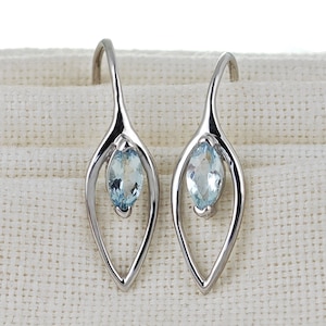 Aquamarine Dangle Earrings, 0.4ct, Sterling Silver, Marquise, Hook, Gift Box